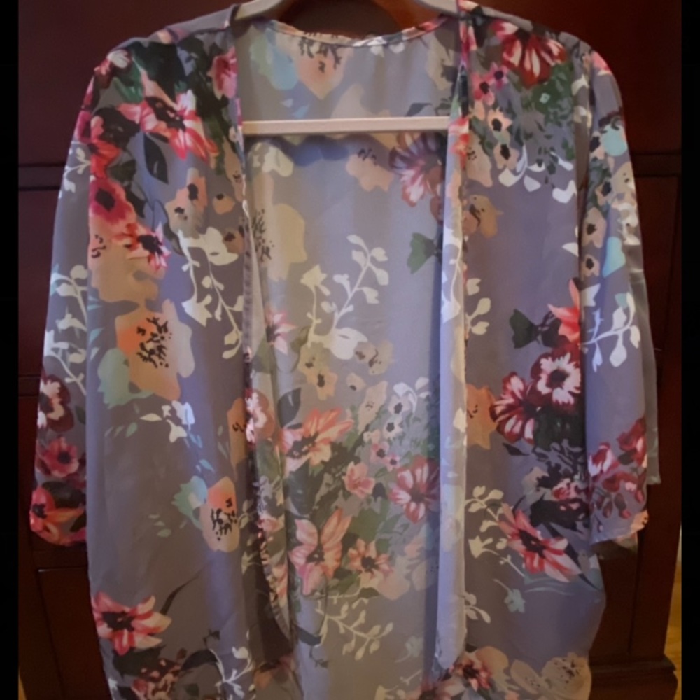Grey floral print kimono chiffon cover up